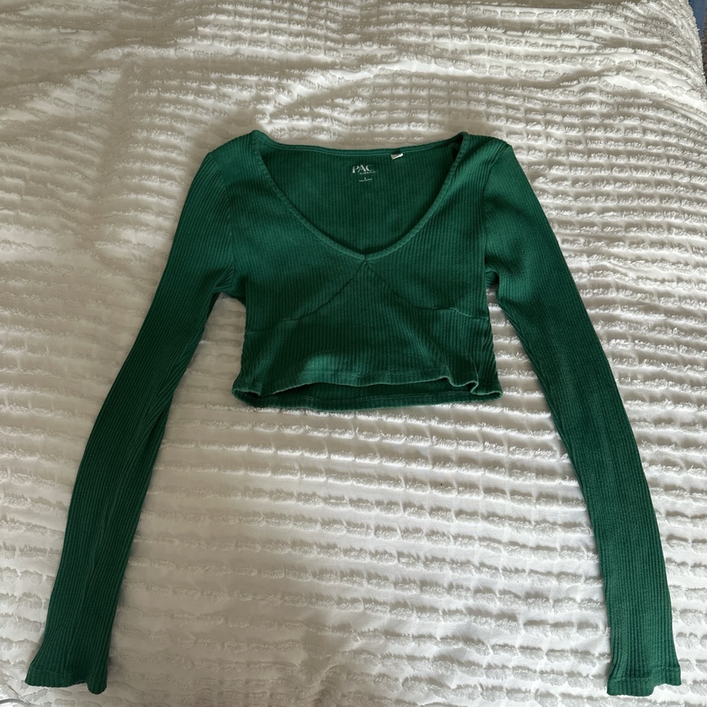 PacSun Green Ribbed Long Sleeve Crop Blouse